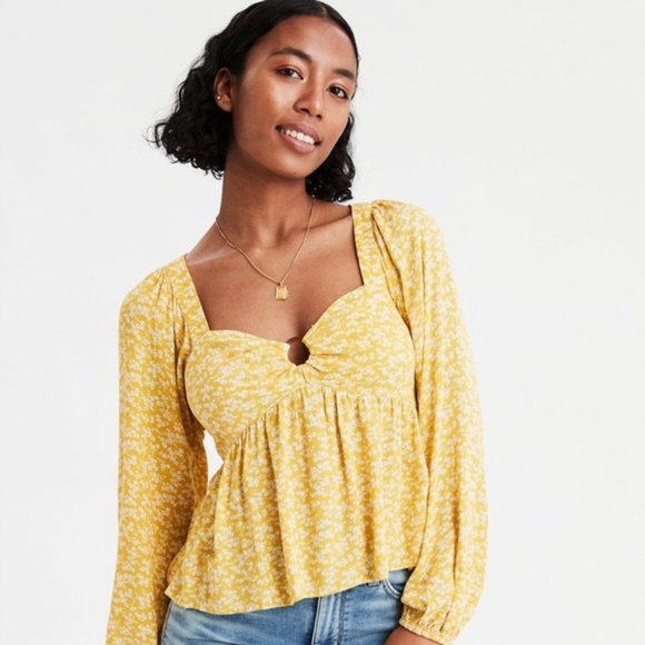 American Eagle Outfitters Tops - American Eagle Yellow Floral Keyhole Peasant Top
